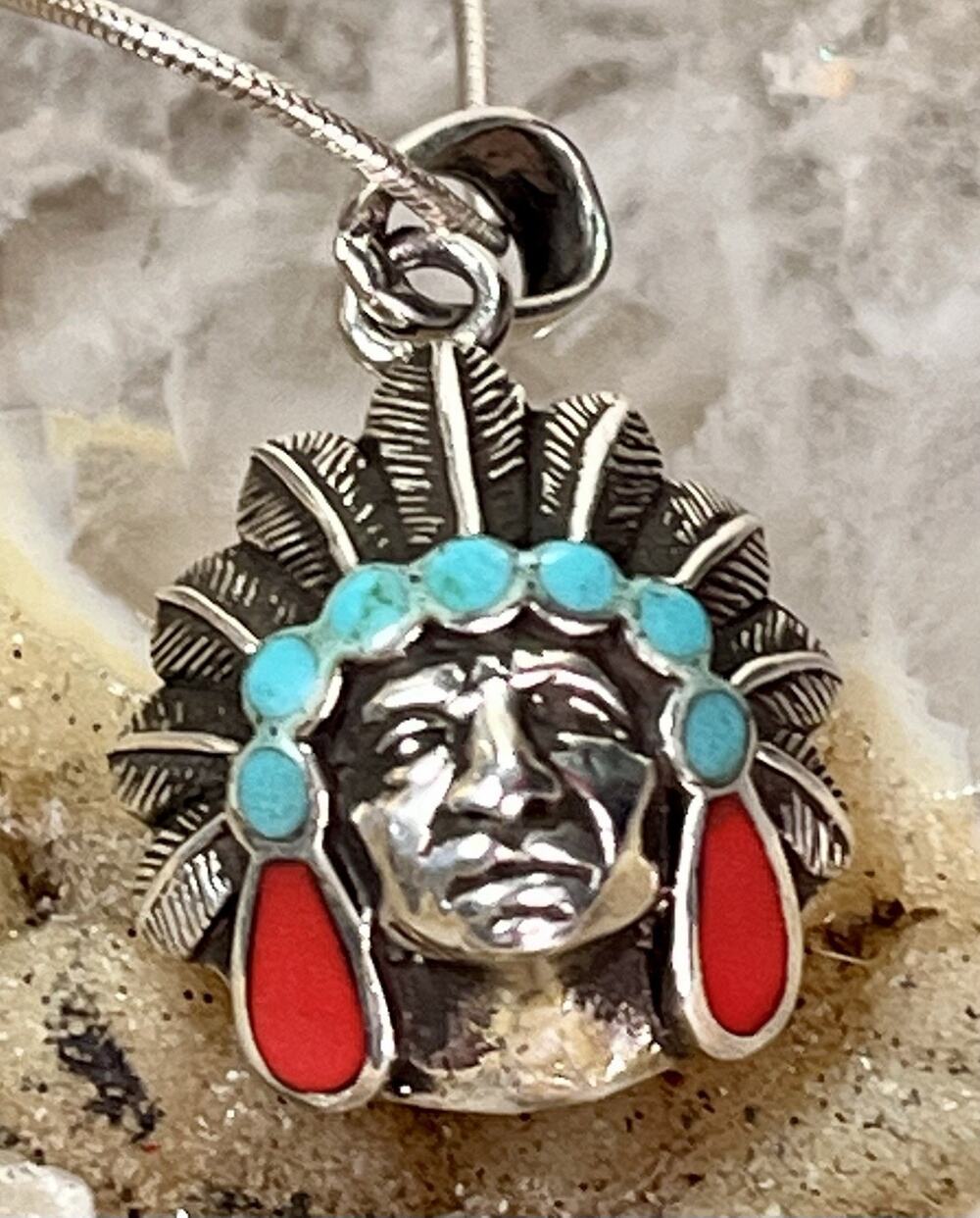 Native American Chief Head Pendant Inlay Turquoise Sterling Silver Southwestern
